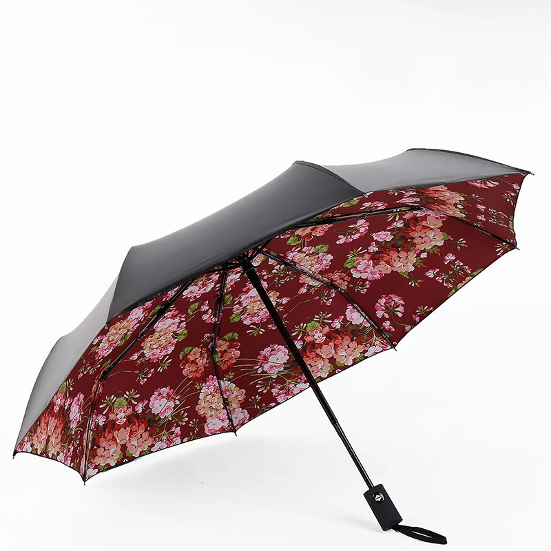

New Pattern Umbrella Rain Women Men Black Coating Folding Fully Automatic Umbrella Women Flowers Windproof Anti UV WZP162