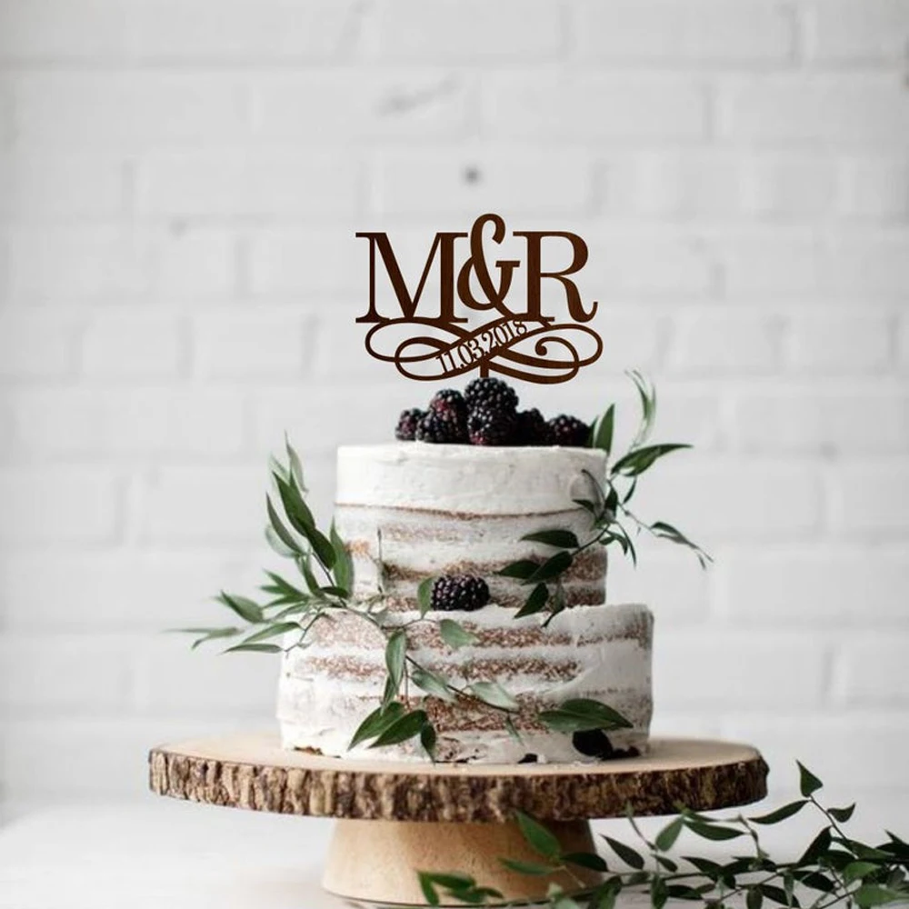 На заказ две инициалы с датой монограмма торт Топпер Mr & Mrs для свадьбы юбилей
