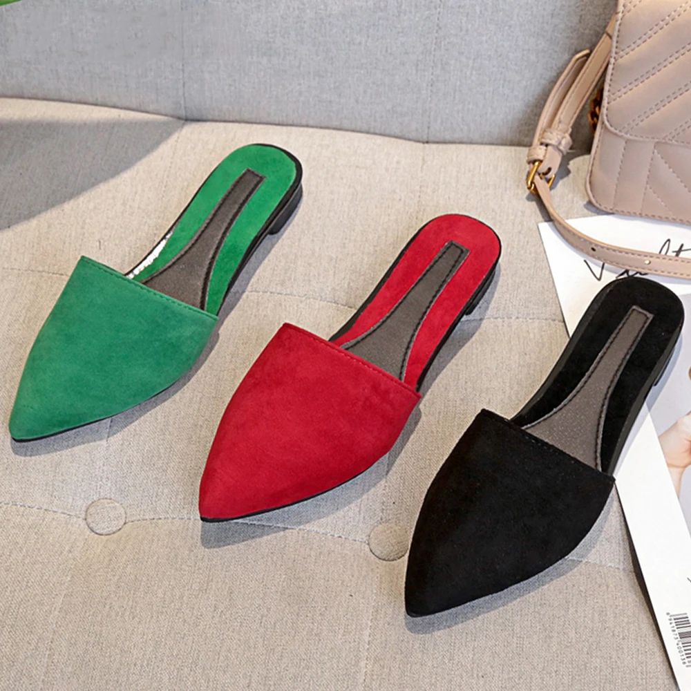 

Woman Shoes flats mules fashion pointed toe slippers Slip on Slides Ladies shallow sandals zapatos mujer Black red green E877