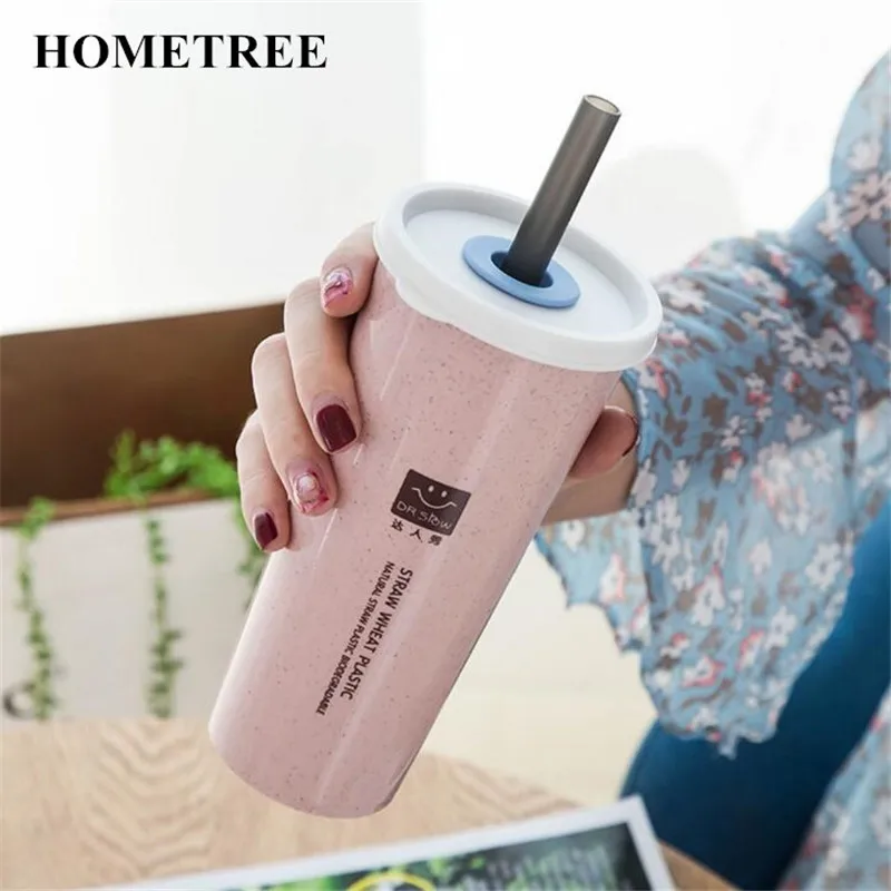 HOMETREE 450ml Water Cup With Straw Cola Coffee Cups Wheat Straw Plastic Healthy Drink Bottle Multi-Functional Bouble Lid H177 HOMETREE 450ml Water Cup With Straw Cola Coffee Cups Wheat Straw Plastic Healthy Drink Bottle Multi-Functional Bouble Lid H177