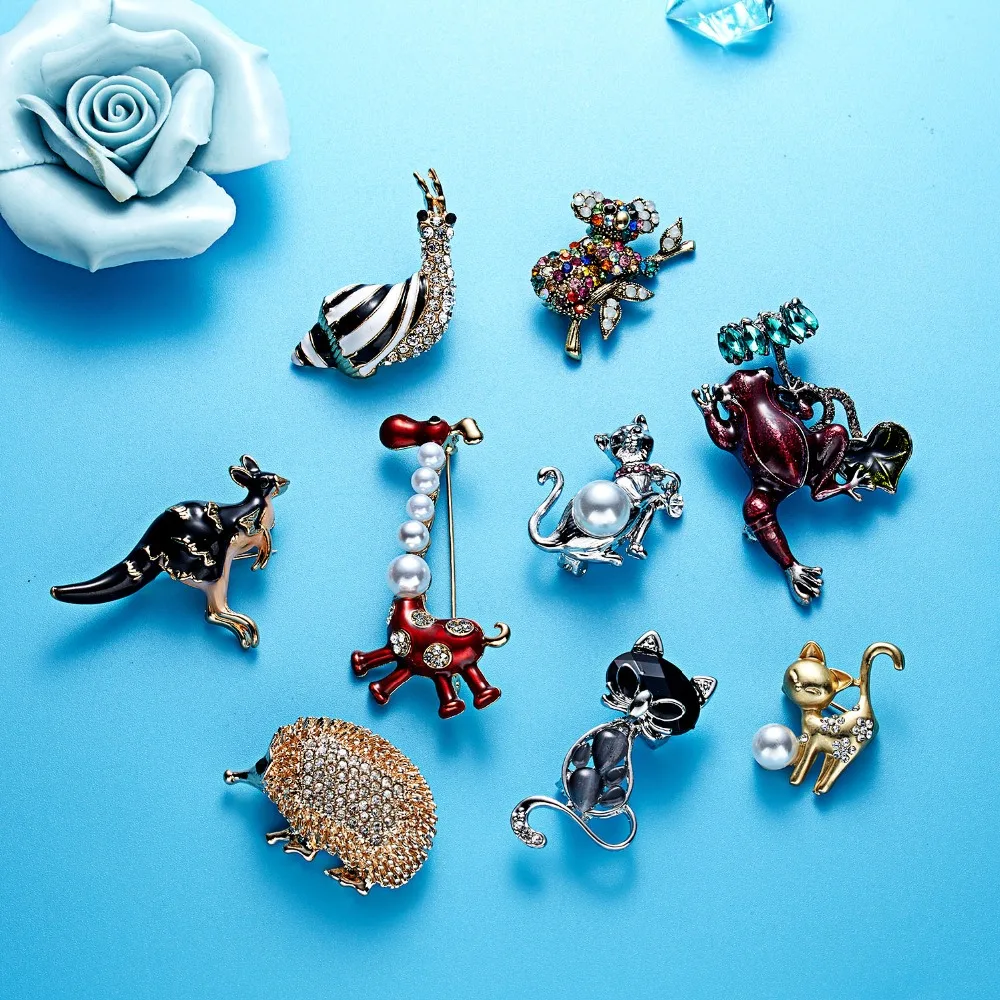 

Rinhoo Gold/Silver Plated Zinc Alloy Rhinestone Pearl Painting Oil Cat Fish Kangaroo Animal Brooch Fashion Jewelry For Women