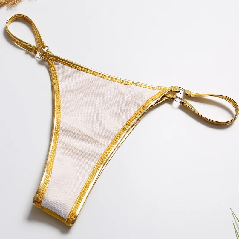 Летний сексуальный женский золотой микро треугольный комплект бикини, женские яркие бронзовые купальники на шнуровке, пляжные купальники, стринги бикини
