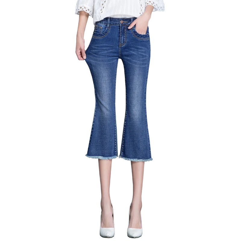 Summer Flare Jeans Capris Women Stretch Calf Length Denim Pants High
