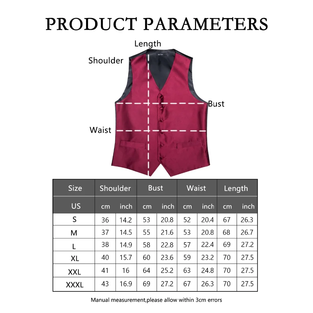 Hi-Tie High Quality Silk Men's Waistcoat Vest Tie Set Classic Party Wedding Red Vest Pocket Square Cufflinks Tie Suit Set VE-004
