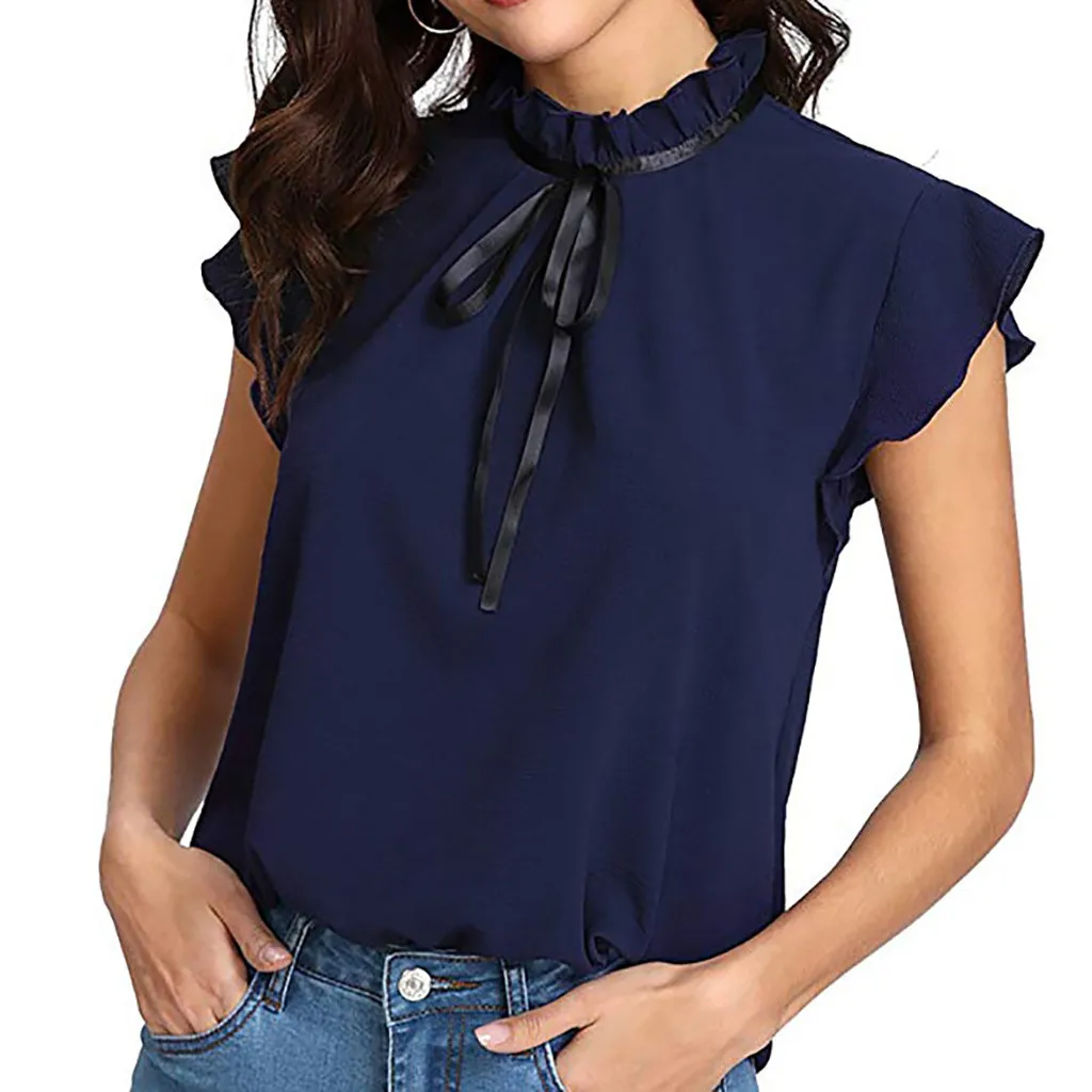 Женская Повседневная рубашка с рукавом-крылышком и галстуком-бабочкой, однотонная шифоновая блузка, топы для девушек, Женская сорочка, элегантные женские блузки, Лидер продаж
