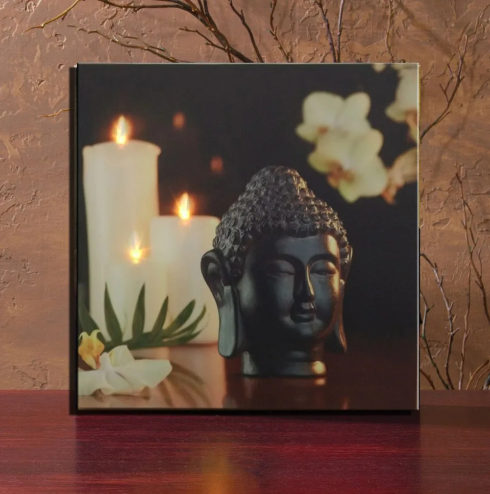 Buddha wall painting with 3pcs white flicking candle led lights picture lights up Canvas Wall