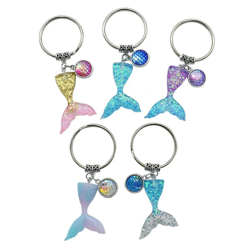 

5PCS Color Changed Mermaid Pattern Gradient Fishtail Shaped Fish Scale Key Ring Key Chain Pendan Charm For Bag Hanging Ornament