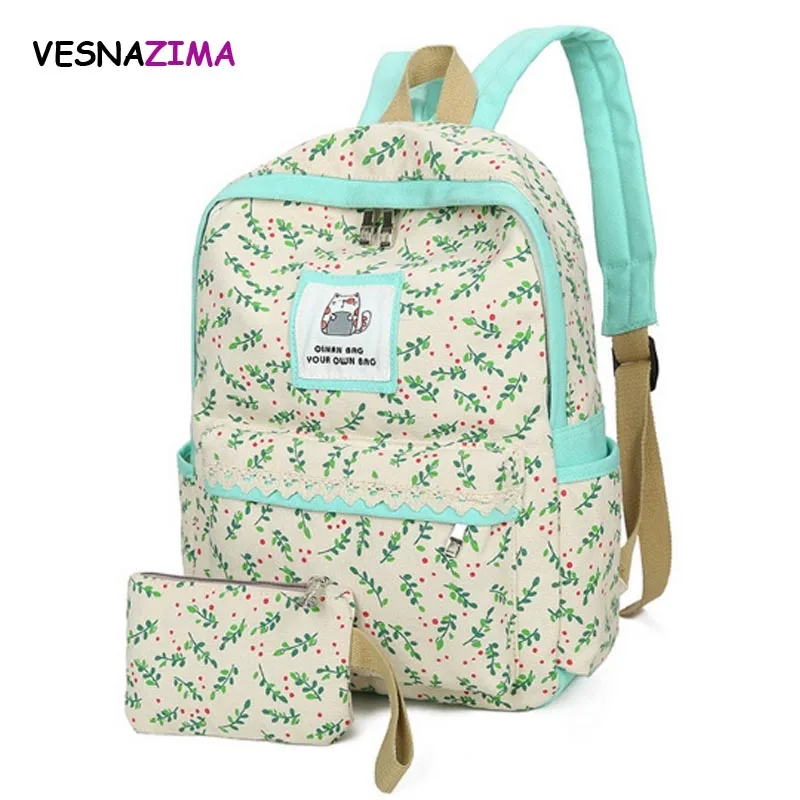 2pcs set backpack 2017 women canvas leaf printing school bag for teenagers girl schoolbag kids pen