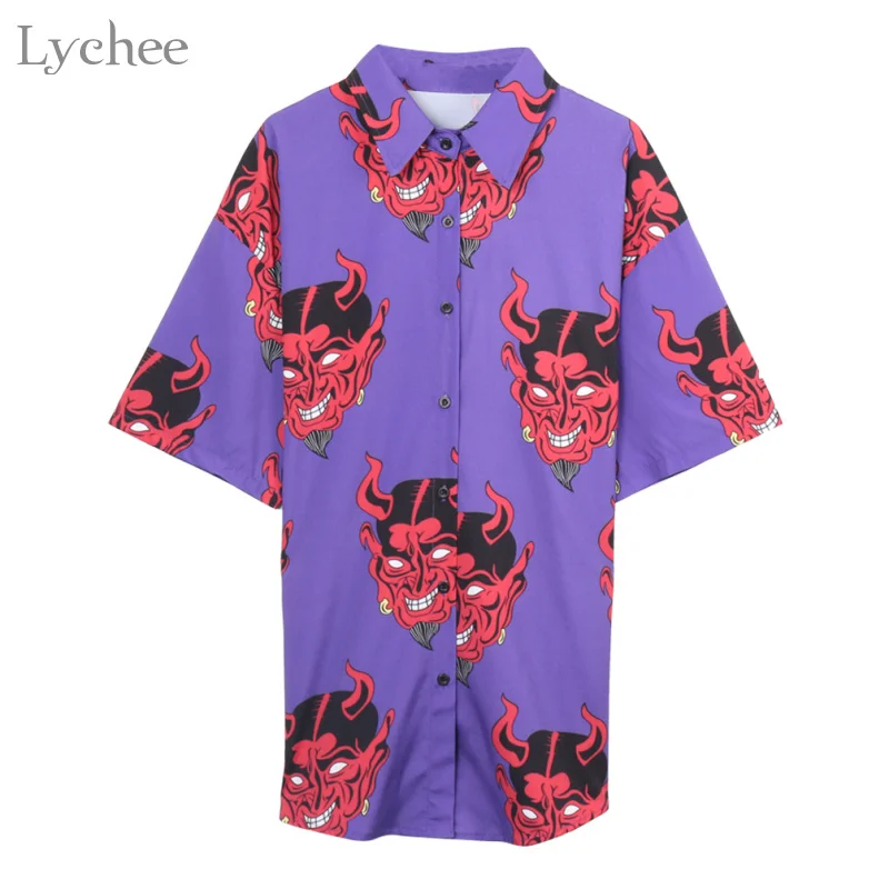 Koop Lychee Harajuku Demon Print Zomer Vrouwen Blouse Punk Gothic Casual Losse Korte Mouwen Tops Vrouwelijke