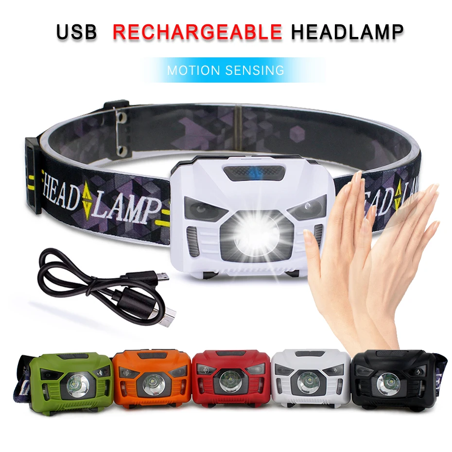 

Head Light Waterproof Led Headlamp Rechargeable PIR Motion Sensor Headlight Flashlight USB Charging Emergency Outdoor Lighting