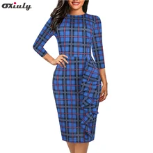 Oxiuly Vintage Striped Plaid Contrast Draped Dress Ladies Knee Length Three Quarter Sleeve Elegant Dress With Zip Work Dress Oxiuly Vintage Striped Plaid Contrast Draped Dress Ladies Knee Length Three Quarter Sleeve Elegant Dress With Zip Work Dress