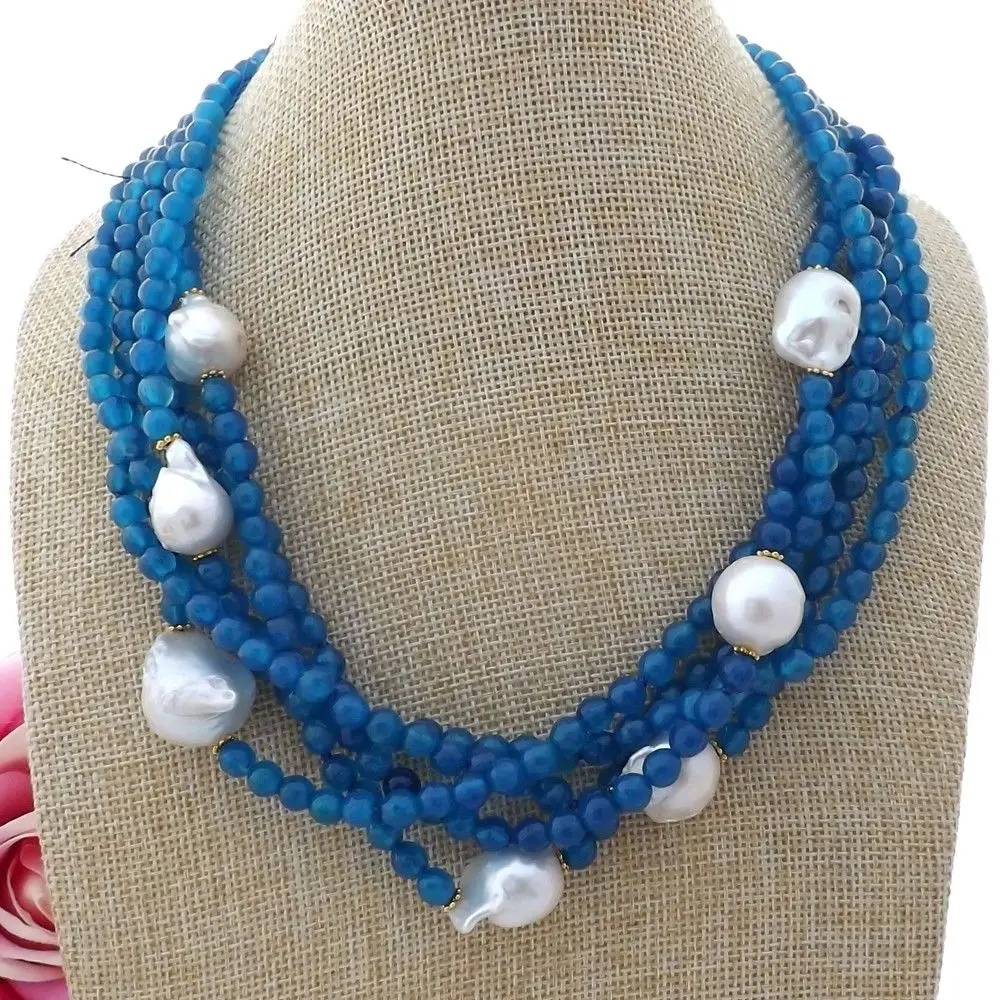 

K102209 20" 5 Strands Blue Stone White Keshi Pearl Necklace