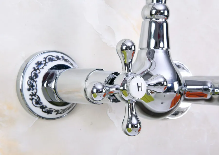 Polished Chrome Brass Wall Mounted Double Cross Handles Bathroom Kitchen Sink Faucet Mixer Tap Swivel Spout anf966