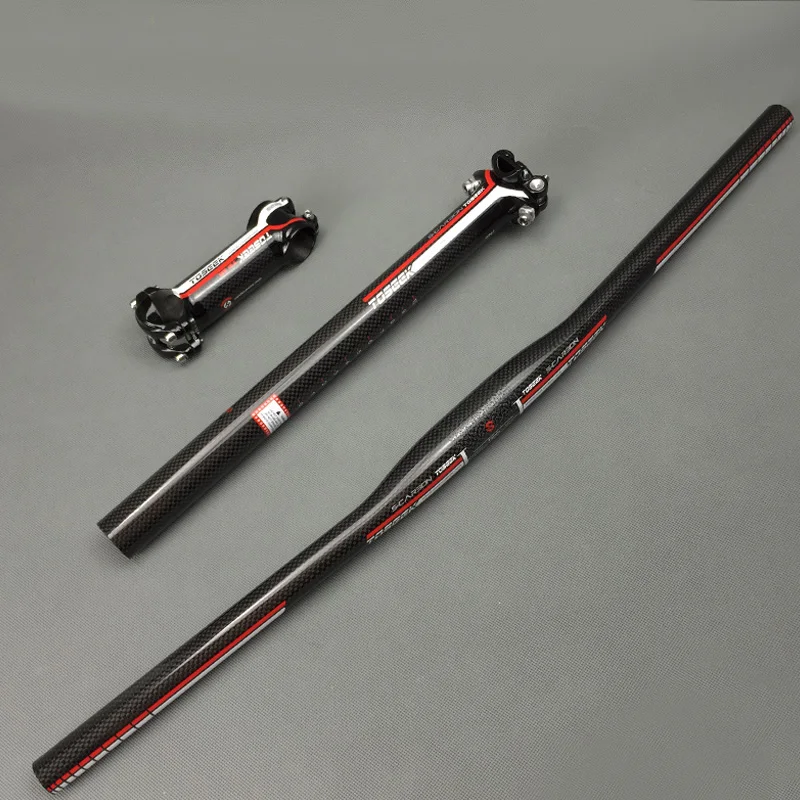 

super light TOSEEK full carbon MTB bicycle riser handlebar + light stem + seatpost mountain bike handlebar set 500g red 3K