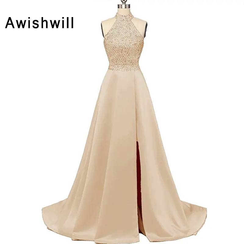 

Elegant Real Formal Evening Gowns Abendkleider Keyhole Back Halter Beaded Satin Front Slit Long Evening Dress 2019 For Women