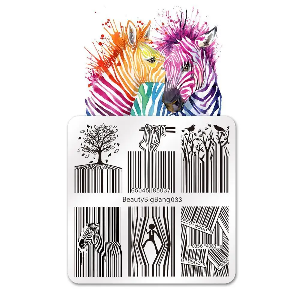 

BEAUTYBIGBANG 6cm Nail Arts Stamping Plates Striped Bar Code Zebra Tree Image Stainless Steel Template Nail Art Stamping Plates