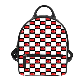 

THIKIN Plaid Red Lips Pattern Women Small Zipper Backpack Pu Leather School Bags for Student School Bookbags Fashion Custom