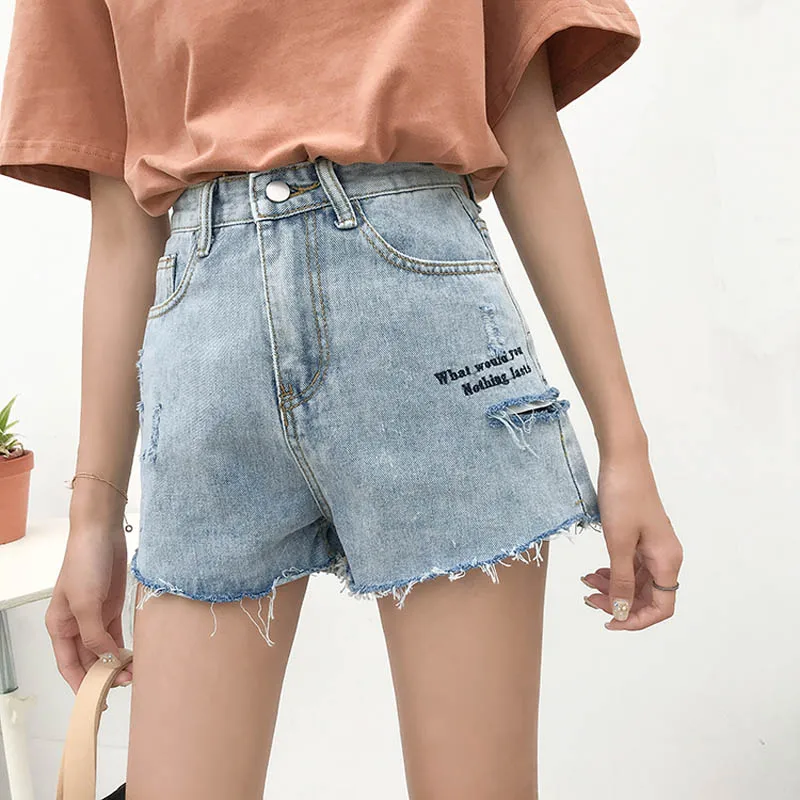 

2018 New Women Summer Denim Cotton Shorts High Waist Chic Loose Short Vintage Hole Shorts Female 6814