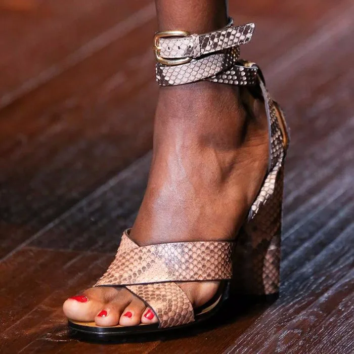 Snakeskin Ankle Wrap Straps Sandals For Women Round High Heel Sandal Ladies Shoes Sandal Open Toe 2015 High Heel Summer Shoes