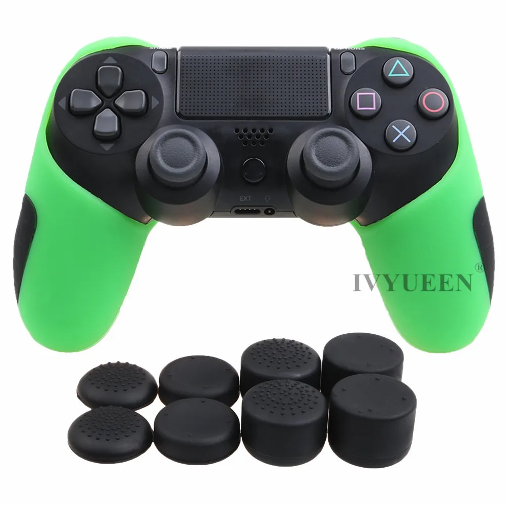 IVYUEEN Толстая Половина кожи для playstation Dualshock 4 PS4 Pro тонкий контроллер силиконовый чехол с 8 колпачками - Цвет: Зеленый