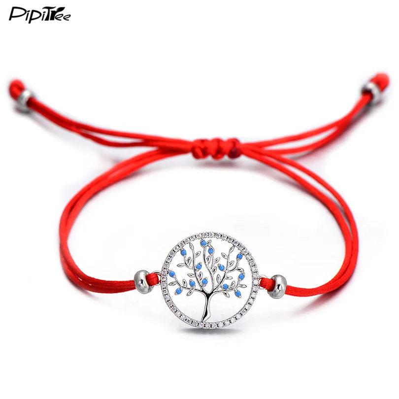 

Pipitree Blue Zircon Life Tree in Middle and Border of CZ Stones Adjustable Red String Charm Bracelets for Women Lucky Jewelry