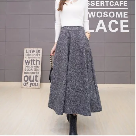 Элегантные женские юбки с высокой талией из толстой шерсти в винтажном Корейском стиле, новинка, женская одежда для офиса, длинные юбки FW119 - Цвет: Черный