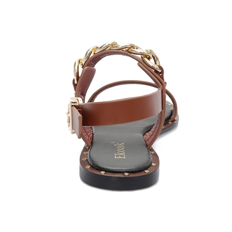 Ekoak/новые модные кожаные сандалии женские летние модельные туфли Женская пляжная обувь с металлической цепочкой сандалии на плоской подошве
