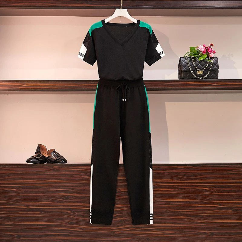 

New Autumn Plus Size Women's Sets Knitting Suit Two Piece Set Short Sleeve Knit Pullover + Long Pants Suits Tracksuit Women