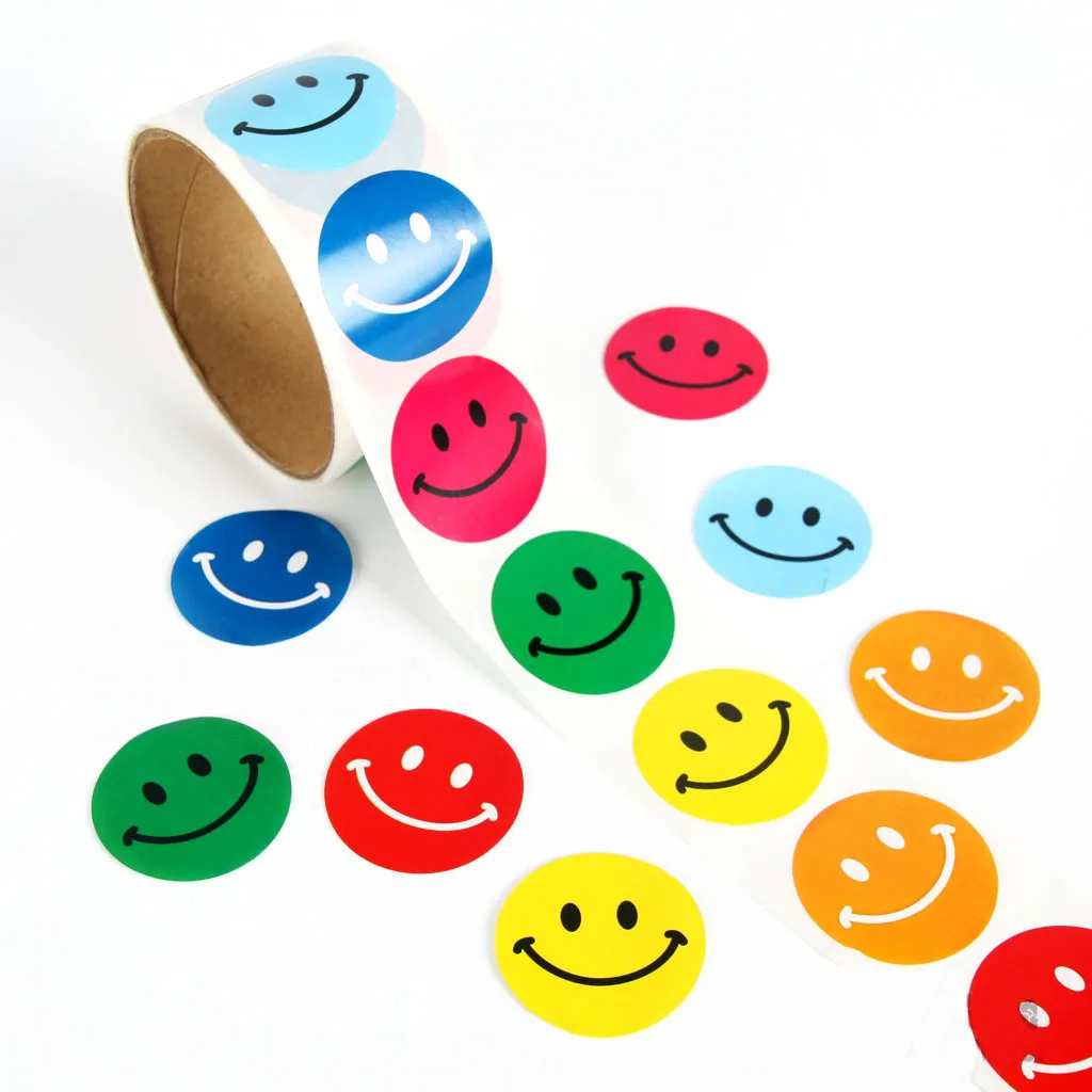 

Colored Large Round Smiley Face Happy Stickers Circle Teacher 100 Total Per Rol
