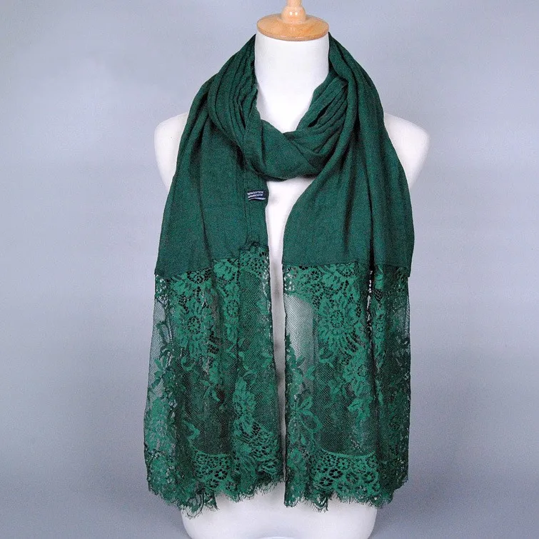 Хлопок вискоза Макси-шарф хиджаб с кружевом цветочный кружевной палантин платок для женщин платок мусульманский головной платок хиджаб ислам - Цвет: Green