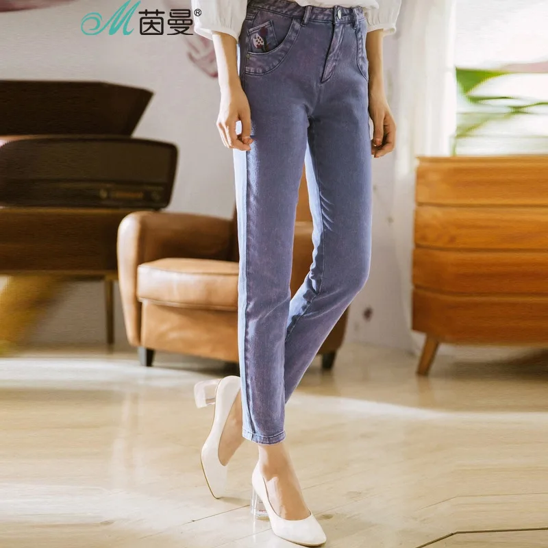 

INMAN Women's 2017 Spring Washing Contrast Color Embroidered all-match jeans Pencil ankle Pants
