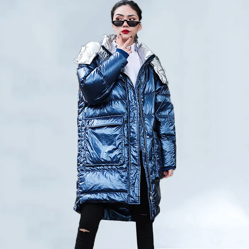 

Glossy Winter Coat Woman Long Overcoat 2019 Solid Loose Down Cotton Jacket Hooded Thick Warm Parka Plus Size Korean Outwear 424