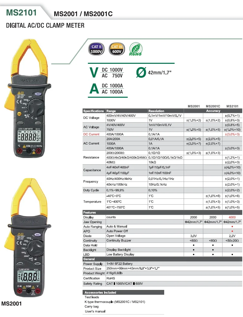 MASTECH MS2001C 3 1/2 цифровой клещи AC DC Amp Вольт Ом Температура мультиметр тестер детектор с диодом и подсветкой DMM