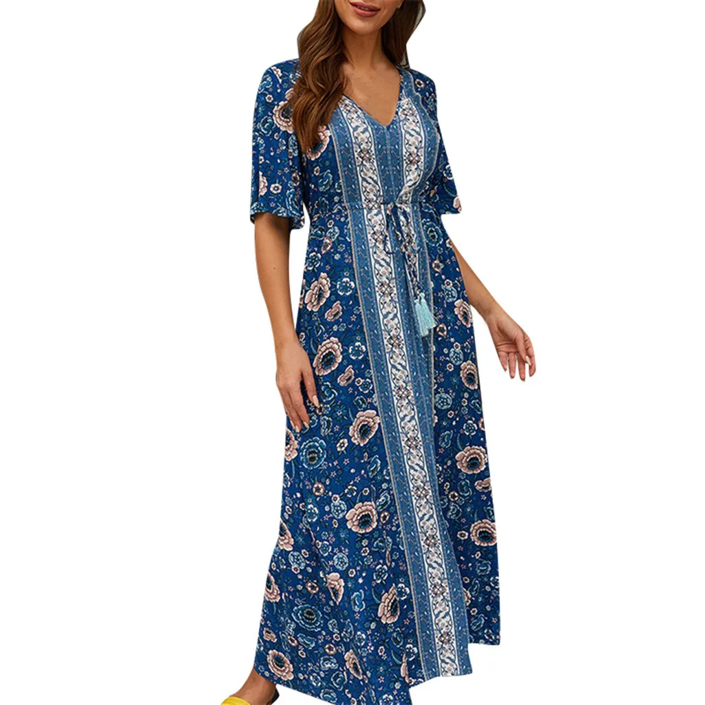 

Sundress Polyester Dress Dresses Women 2019 Summer Elegant Cotton Dress Strap Print V-Neck Long Beach Party Wrap Robe de