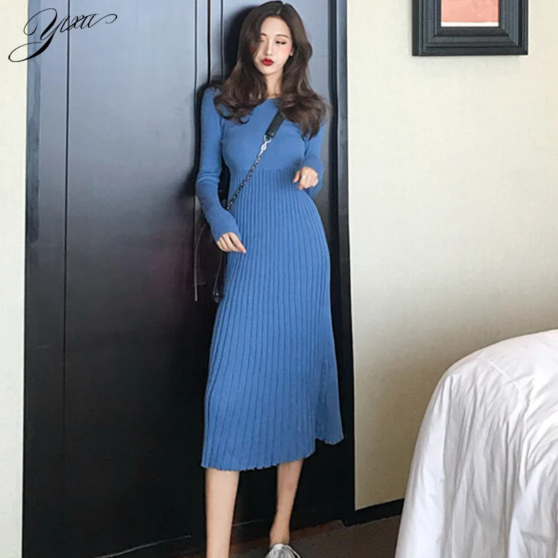 

New Woman Autumn Knitted Mid Dress O-neck Female Casual Slim A-line Dresses Winter Warm Knit Dress for Woman 2019