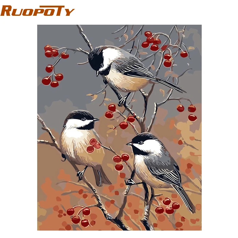 

RUOPOTY Frame Three Birds DIY Painting By Numbers Animals Modern Wall Art Picture Unique Gift For Home Decor 40*50cm Artwork