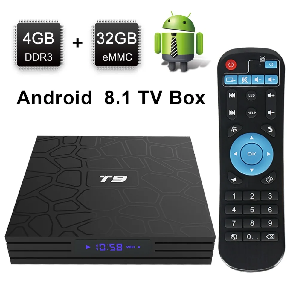 2018 Leelbox новейший Android 8 1 tv Box T9 4 ГБ 32 Bluetooth 0 Поддержка 2 ГГц WiFi 4K 3D Ultra HD HDMI H265 Google Netflix