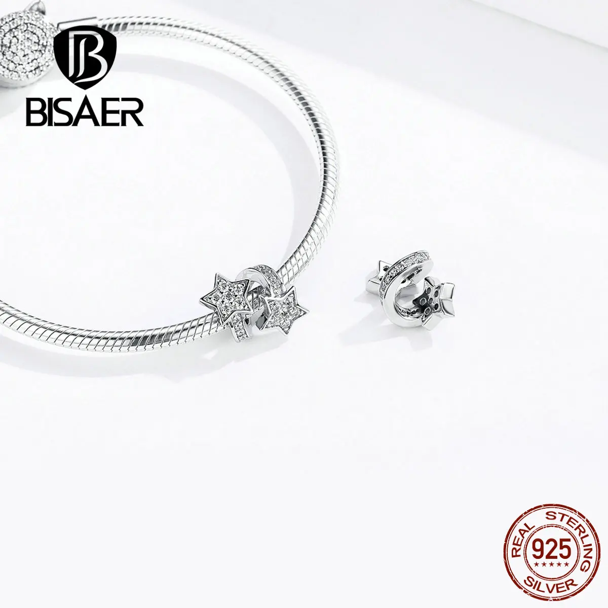 BISAER Luminous Star Clear Cubic Zircon 925 Sterling Silver Star Beads Charms fit Women Bracelets Silver 925 Jewelry ECC1244