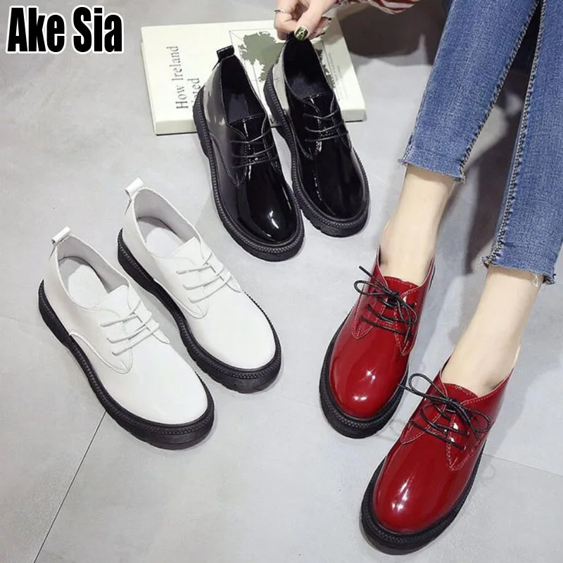 

Ake Sia Maiden Girlish Students Fashion Women Lady Female Patent Leather Round Toe Casual Lace Up Zapatos Low Square Shoes A084
