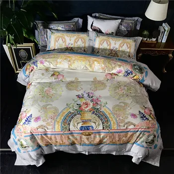 

2018 Egyptian cotton Bedding Set plants Print Bedclothes 4pcs Duvet Cover Sets Queen King Size Soft Bed Linen