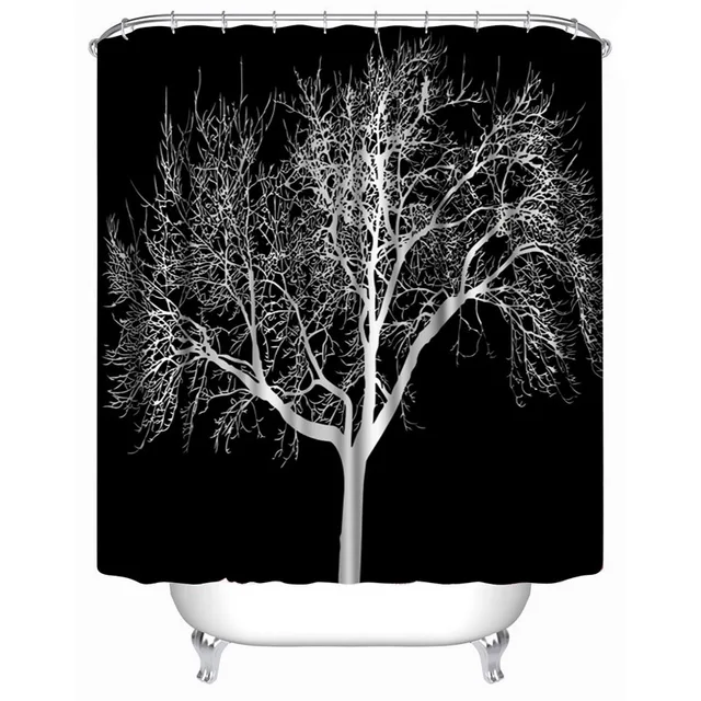 Us 15 0 50 Off Art White Tree Print Waterproof Black Shower Curtain Include 12 Pcs Hooks 180 180cm Polyester Material In Curtains From Home