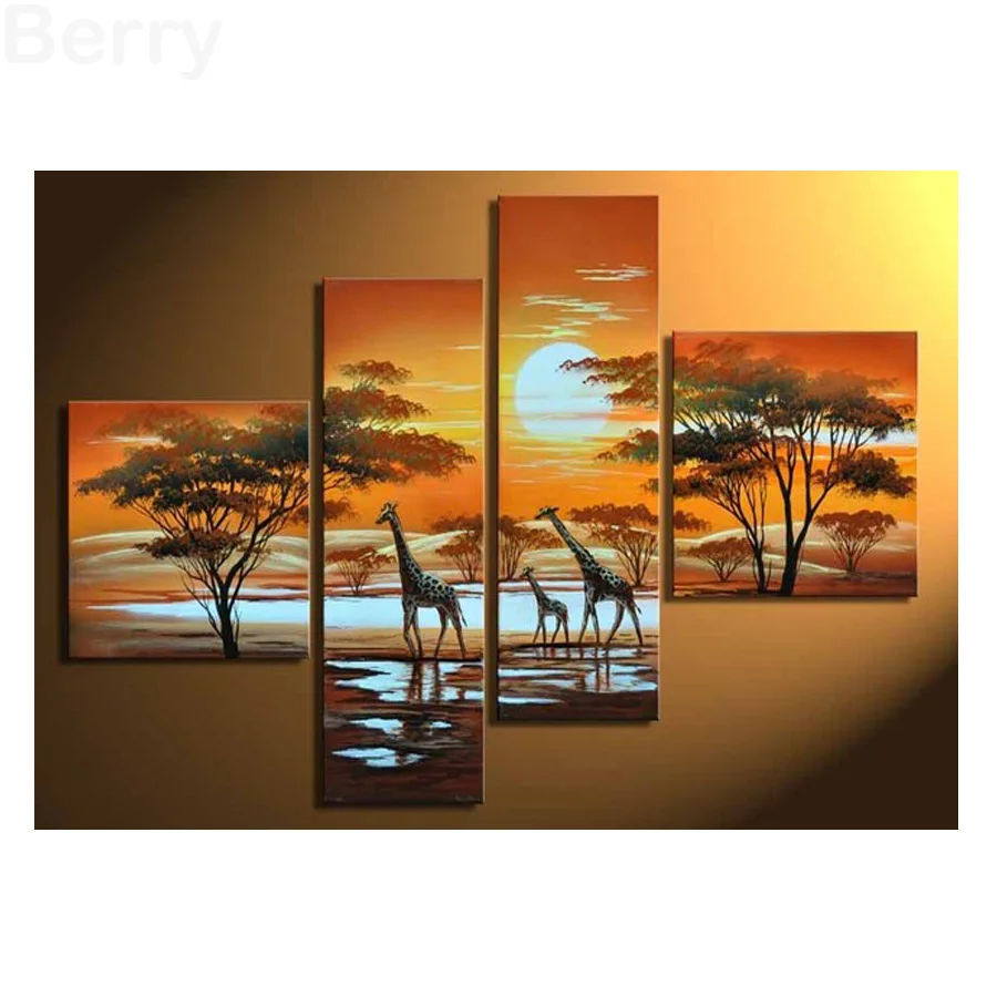 

DIY 5D Diamond Painting for Home Decor, Landscape, Tree, Giraffe Art, 5D Diamond Embroidery, Wall Pictures, 4 Pcs Set