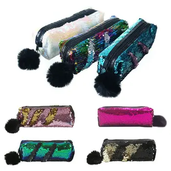 

School Pencil Case Reversible Sequin Hairball Makeup Bag For Girls Student Stationery Supplies