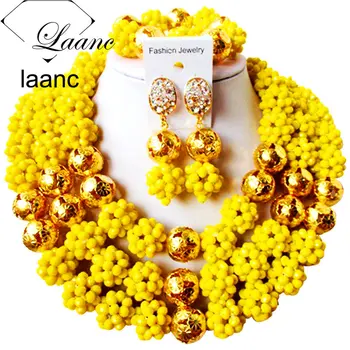 

Laanc African Style Yellow Opaque Crystal Necklace Nigerian Big Jewelry Set for Wedding AL354