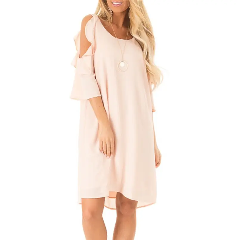 New Women Summer Ladies Strapless Shoulder Ruffle Sleeve Pure Color Summer Dress Elegant Mini Fashion Casual Vestidos #4A30 (9)