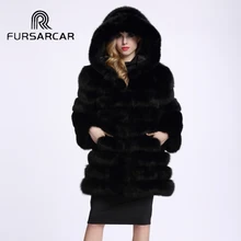 FURSARCAR Real Fur Coat Women 2017 Fashion Winter Thick Russian Fox Fur Fur Overcoat Medium Long Casaco Feminino With Hood C112