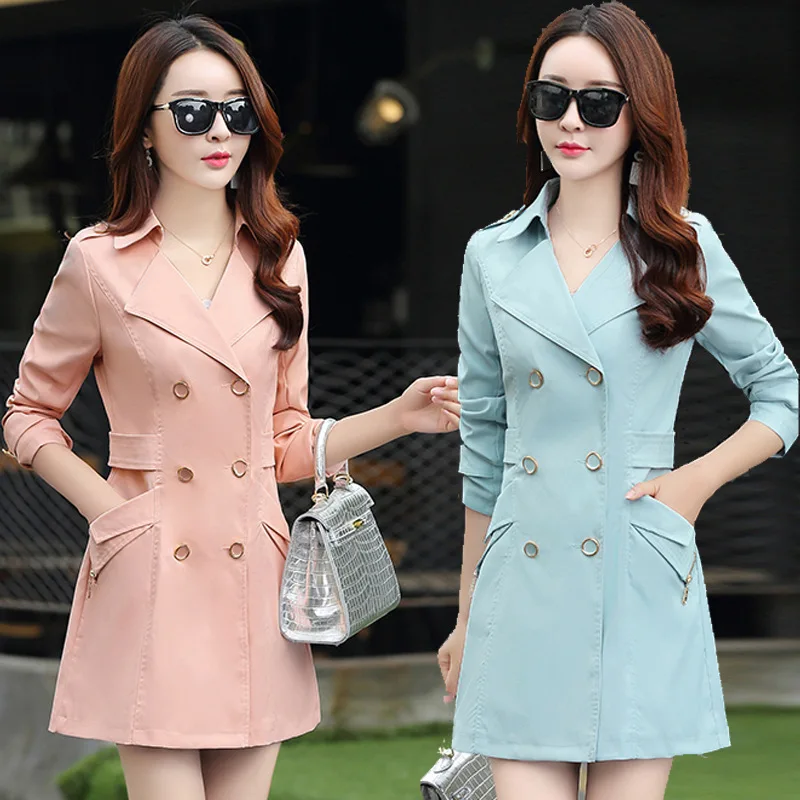 

Fashion windbreaker female long section spring new solid color long-sleeved slim slimming OL commuter fashion elegant coat