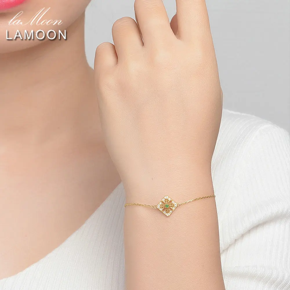 LAMOON 14K Yellow Gold Charm Bracelet For Women 0.06ct 100% Natural Emerald S925 Sterling Silver Fine Jewelry Accessory HI003
