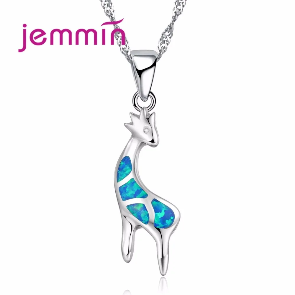 

Luxury Deer Jewelry for Women Girls Birthday Gift 925 Sterling Silver Fire Opal Necklace Pendant Blue Color