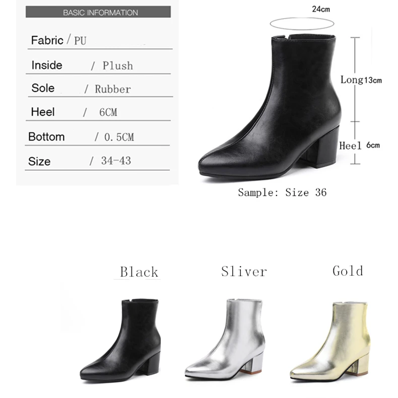 RQFF Brand Winter Boots Women With Box Big size 34-43 Shoes Woman 6CM Heel Ankle Boot Female Footwear Gold Leather Ladies Shoe (23)